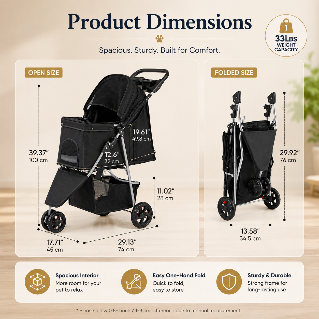 Pet stroller dimensions displayed on a beige background
