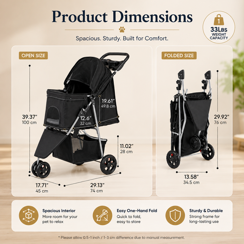 Pet stroller dimensions displayed on a beige background