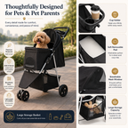 Pet stroller with features highlighted on a scenic background