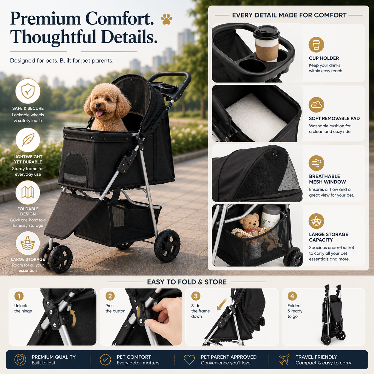 Pet stroller with features highlighted on a promotional graphic