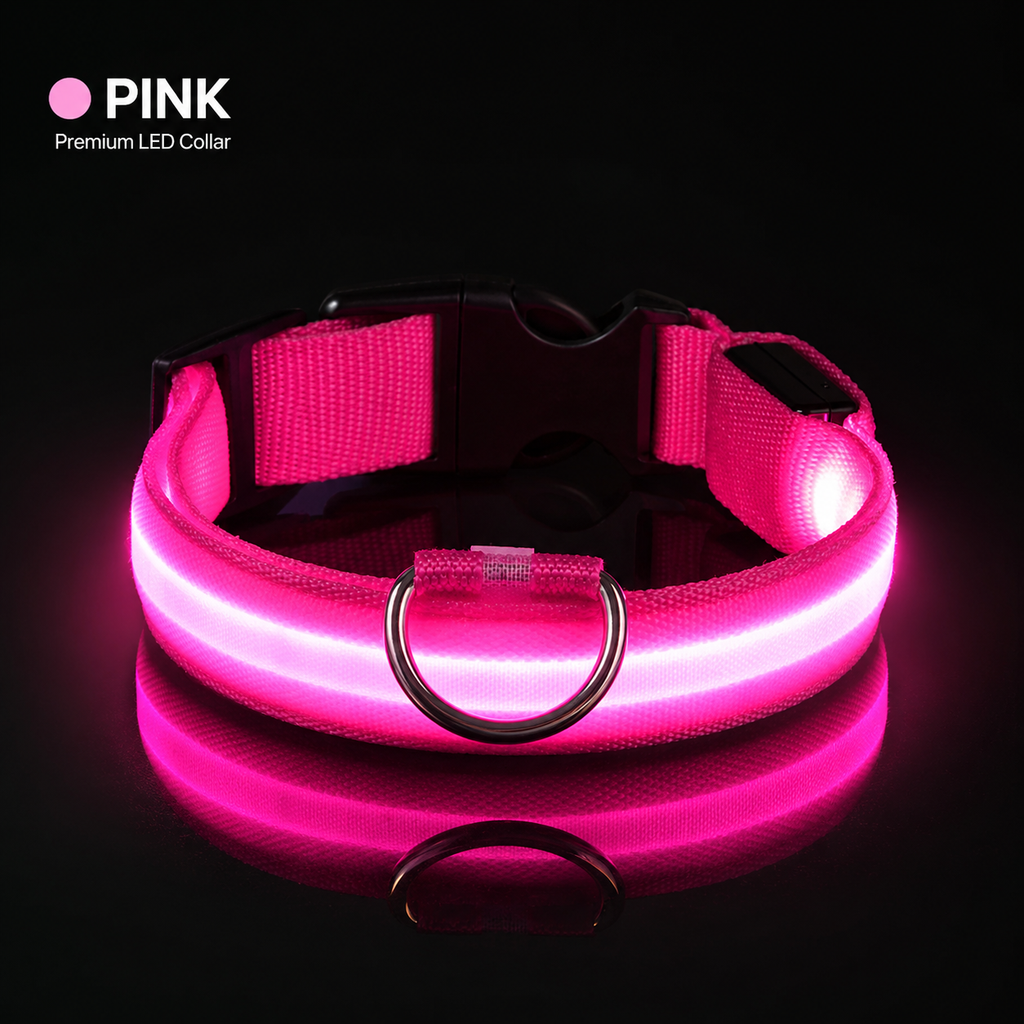Pink LED dog collar on a black background with 'PINK' and 'Premium LED Collar' text.