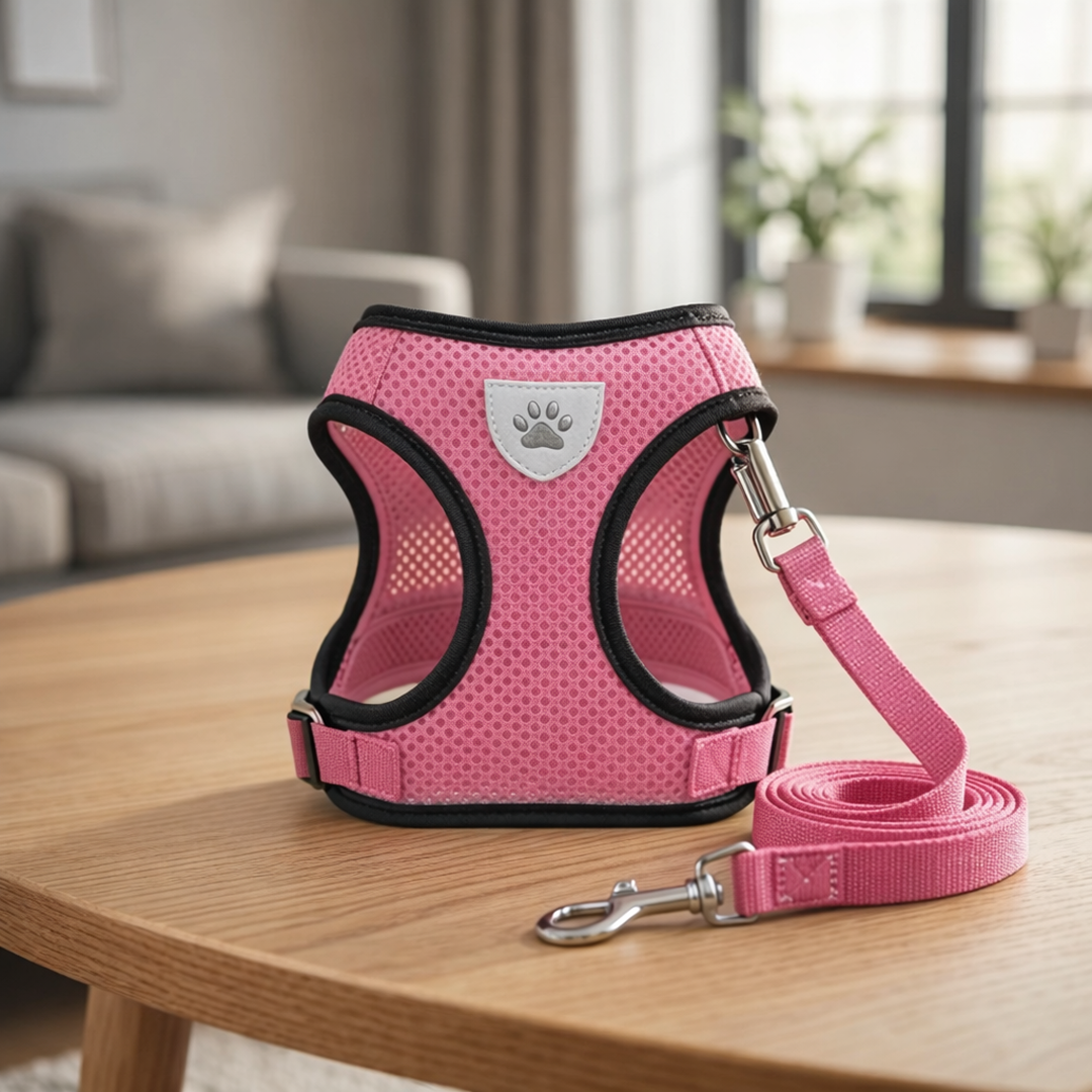 Pink dog harness and leash set on a wooden table with a blurred indoor background