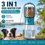 3-in-1 dog water cup with water, food, and waste bag holder on a scenic background