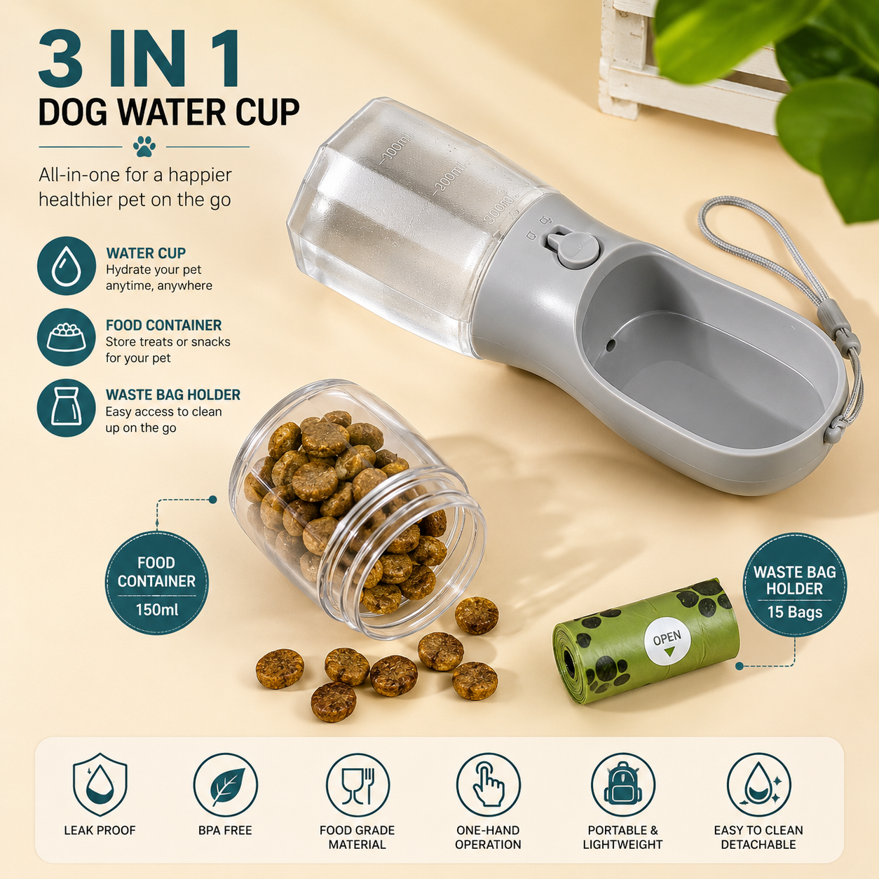 3-in-1 dog water cup with food container and waste bag holder on a beige background