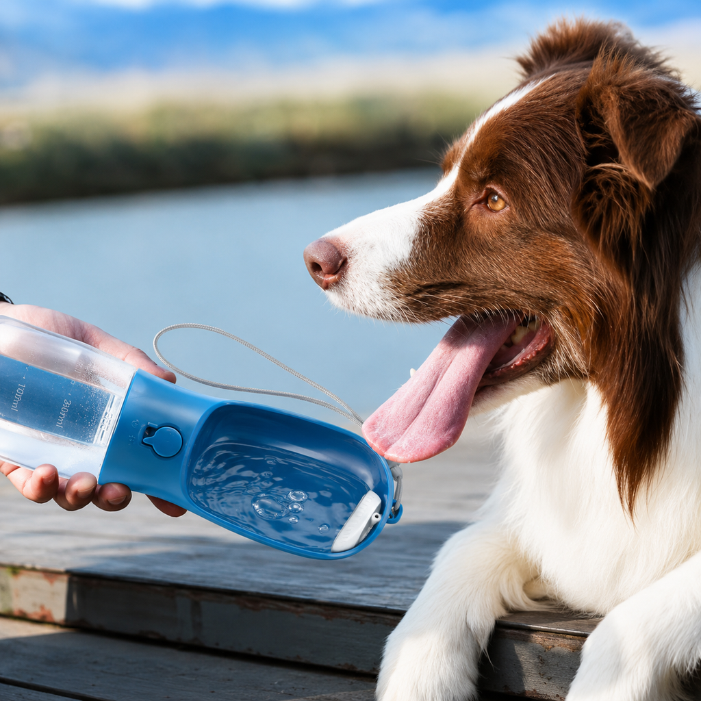 Dog drinking water from a portable blue water bottle by a lake.