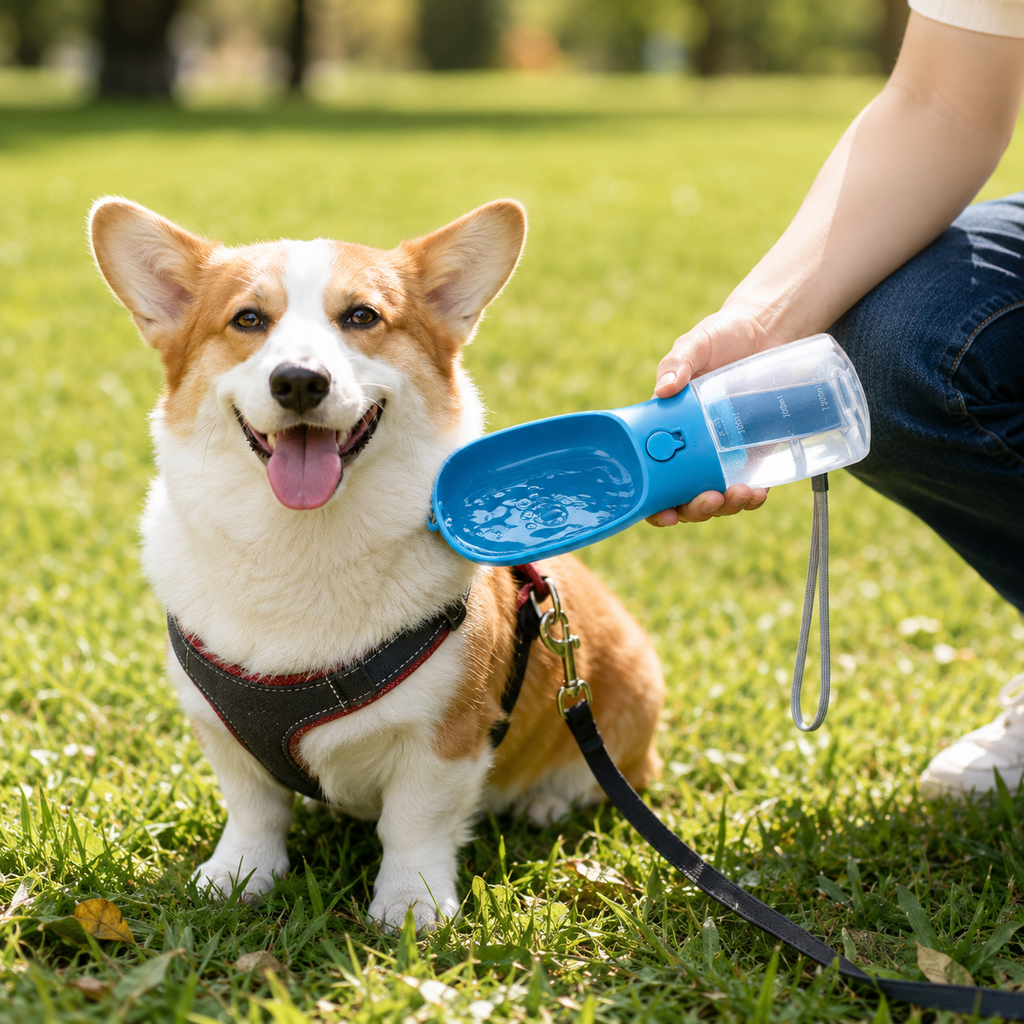 Dog drinking from a portable water bottle on grass