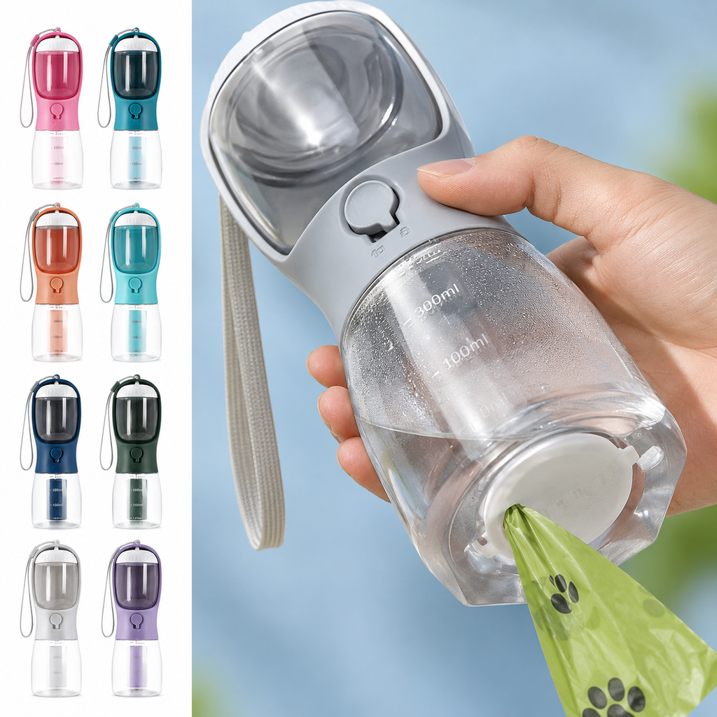 Portable pet water bottle with multiple color options held by a hand.