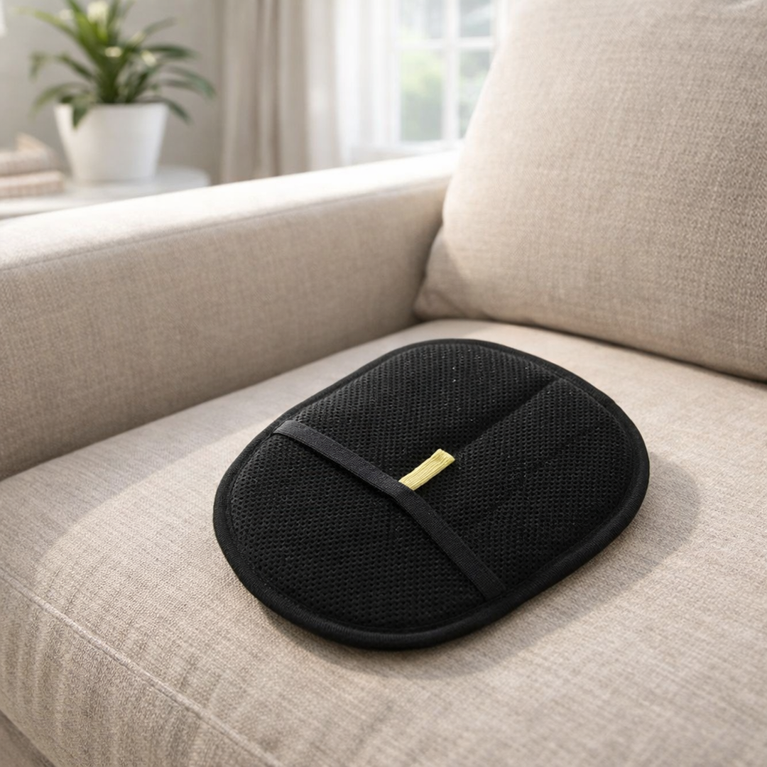Black mesh cushion on a beige sofa with a blurred indoor background