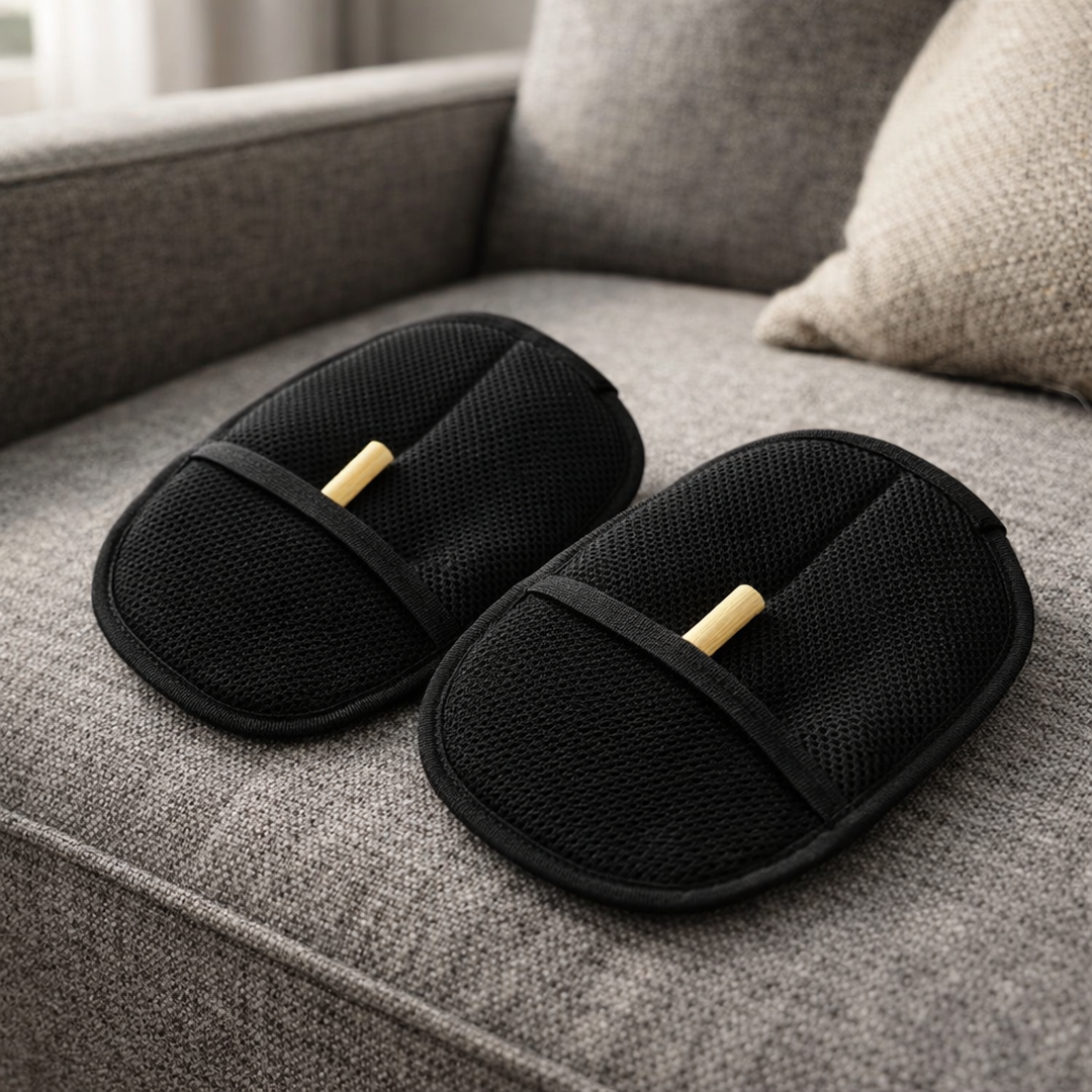 Two black massage pillows on a gray sofa.