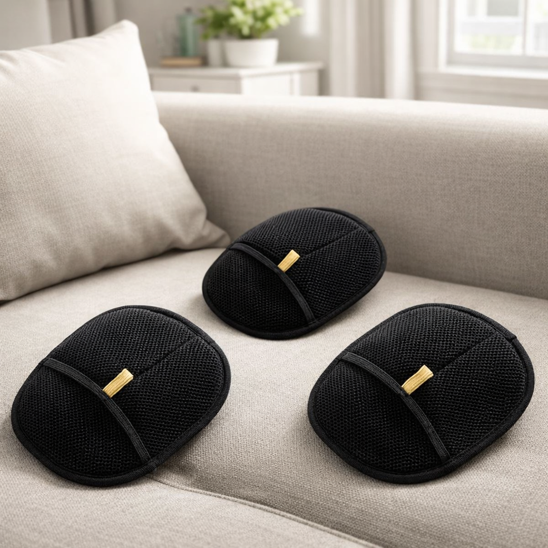 Three black mesh travel pouches with gold zippers on a beige couch.