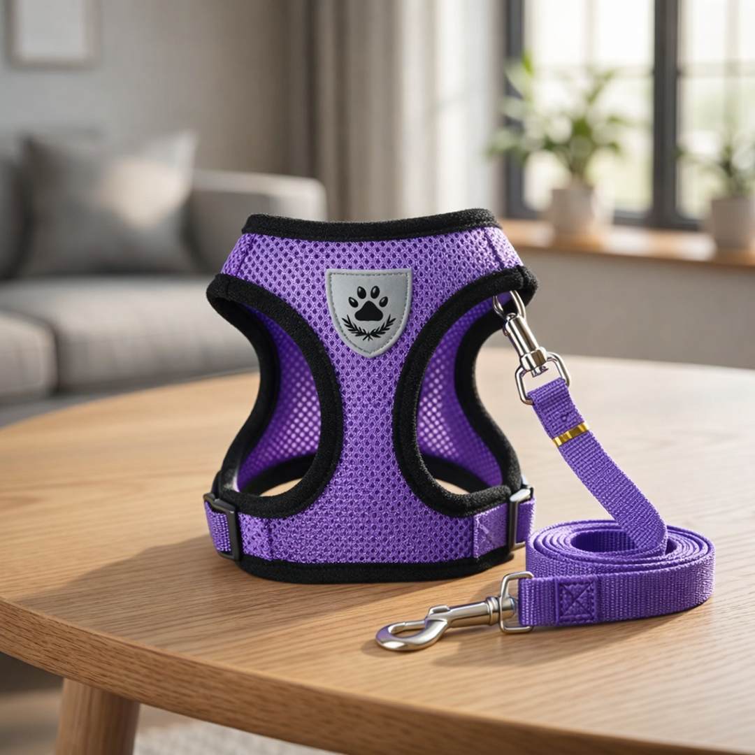 Purple dog harness and leash set on a wooden table with a home interior background