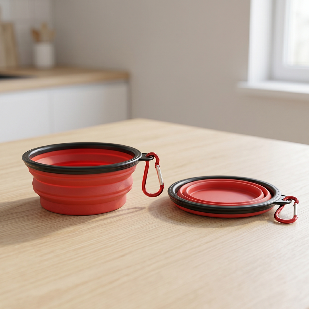 Red and black collapsible pet bowls with carabiners on a wooden surface.