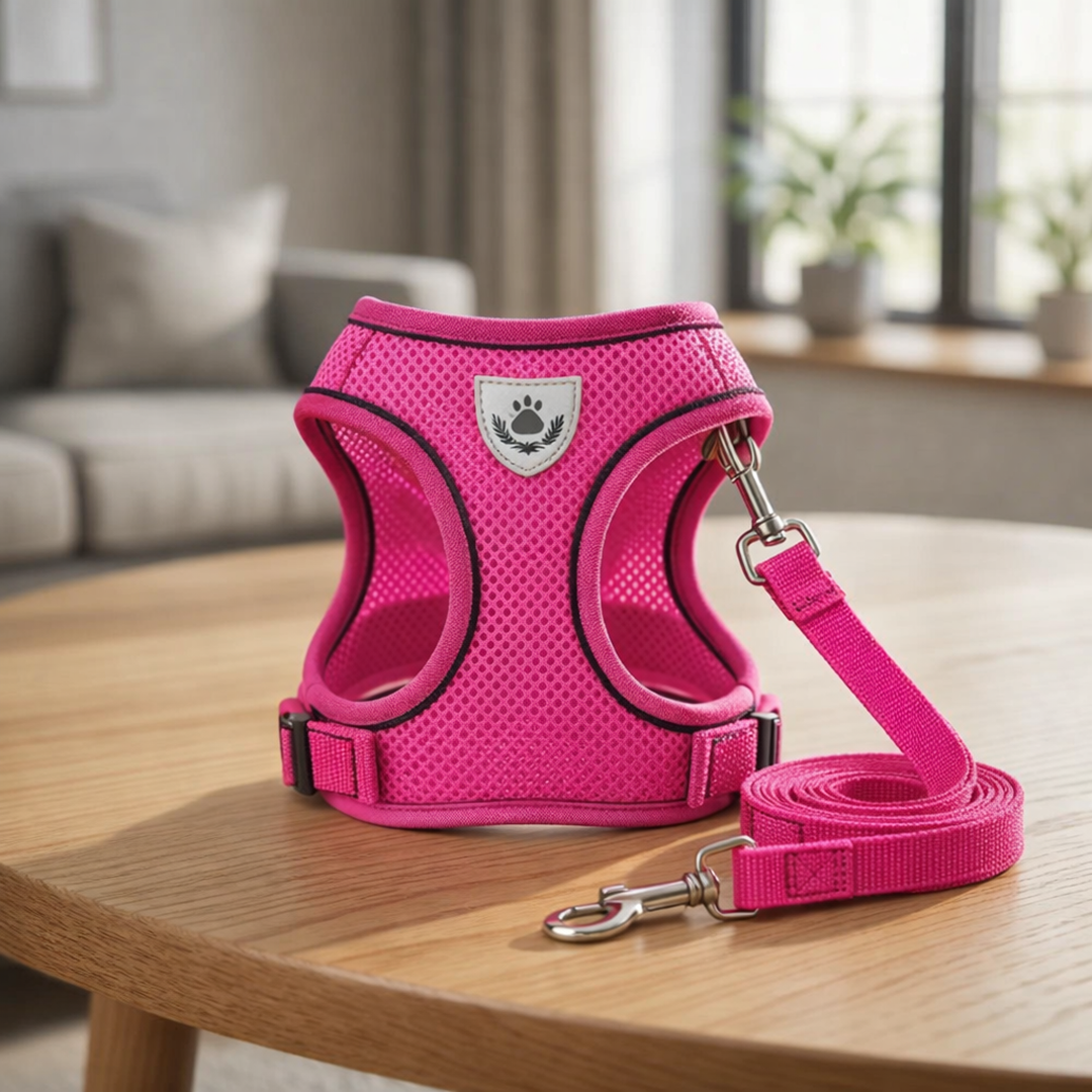 Pink dog harness and leash set on a wooden table with a home interior background
