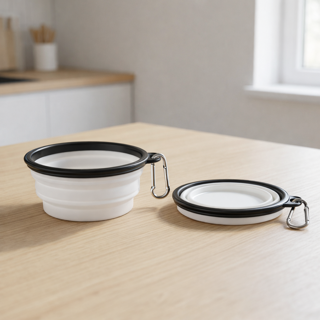 Collapsible white pet bowls with black lids on a wooden surface in a kitchen.