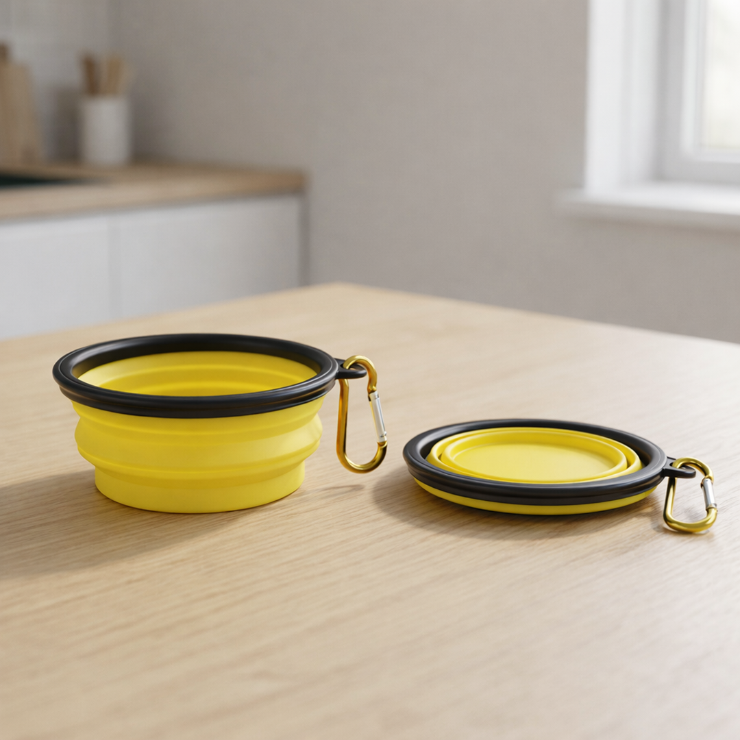 Yellow collapsible pet bowls with black rims on a wooden surface.