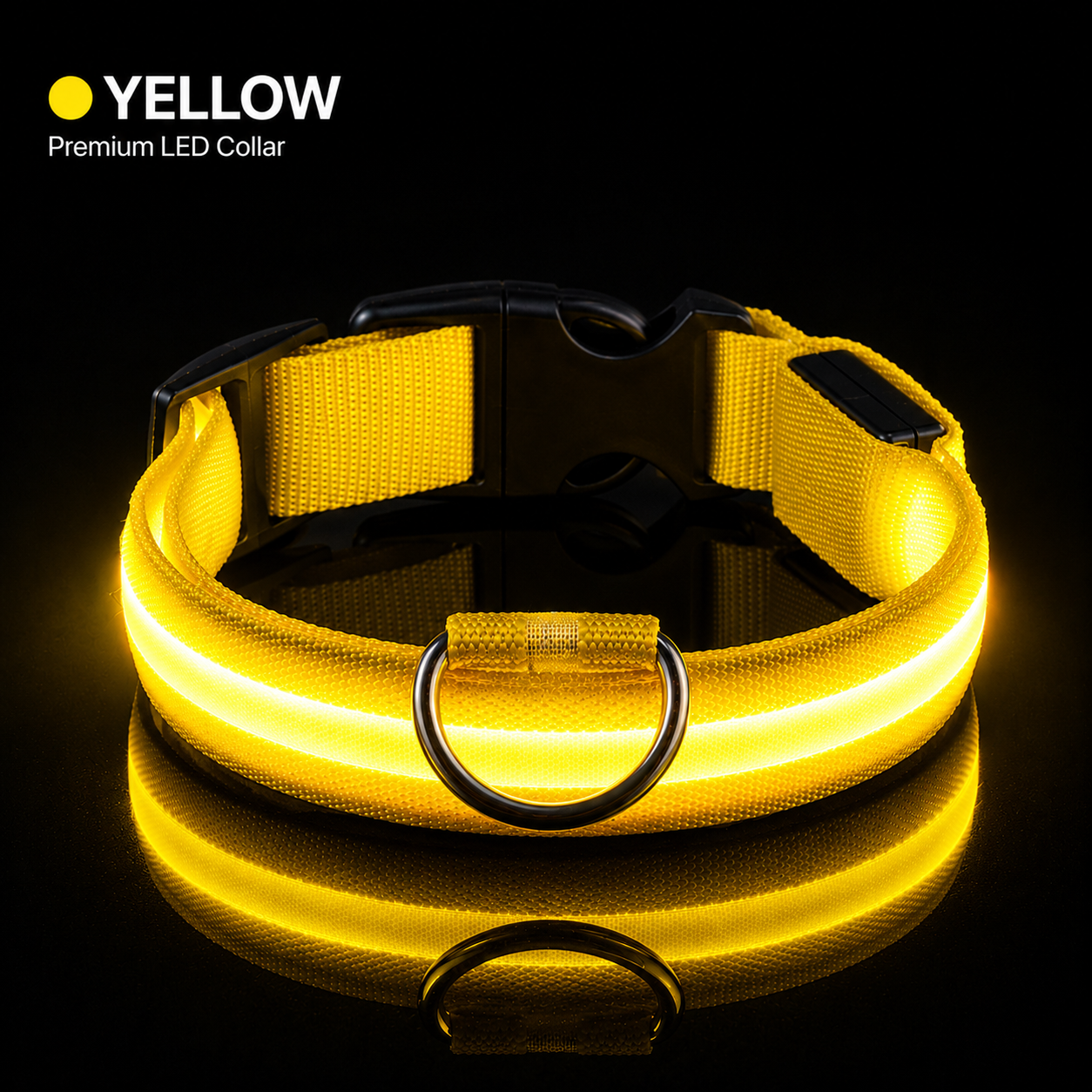 Yellow LED dog collar on a black background with 'Yellow Premium LED Collar' text.